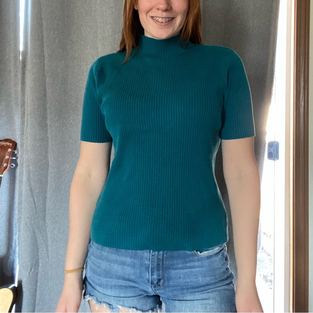 Worthington Teal Knit Turtleneck short sleeve